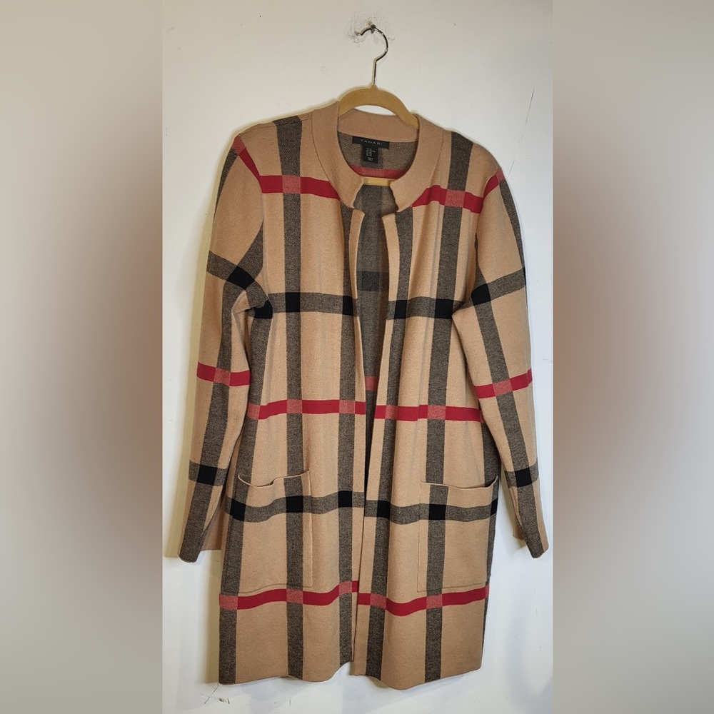 ✨PRICE DROP...Tahari Plaid Tan Knit Open Cardigan Sweater Coat